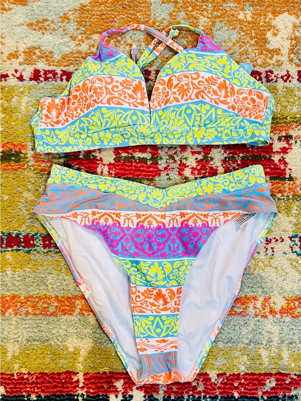 Colorful Floral Stripe Bikini Set - Blue, Orange, Pink, Yellow